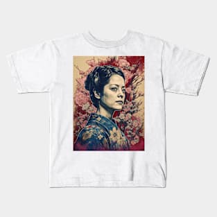 Vintage Rose Blossoms Japanese Woodblock Maple Streetwear Hipster Asian Inspired Retro Manga Samurai Clematis Kids T-Shirt